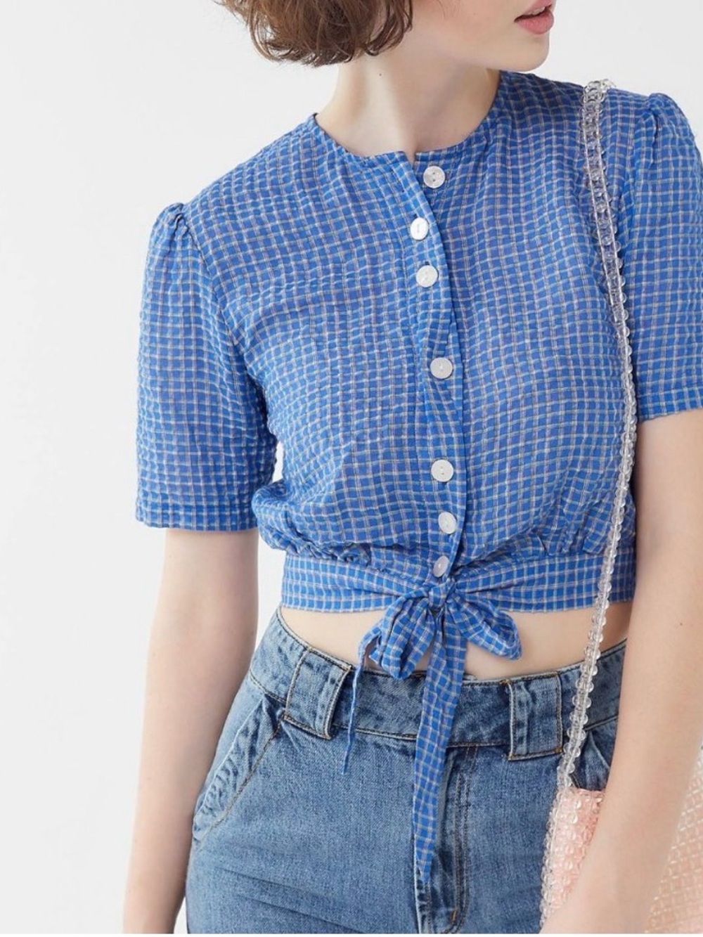 The East Order Mahlia Plaid Tie-Front Cropped Top Blue | Size XS